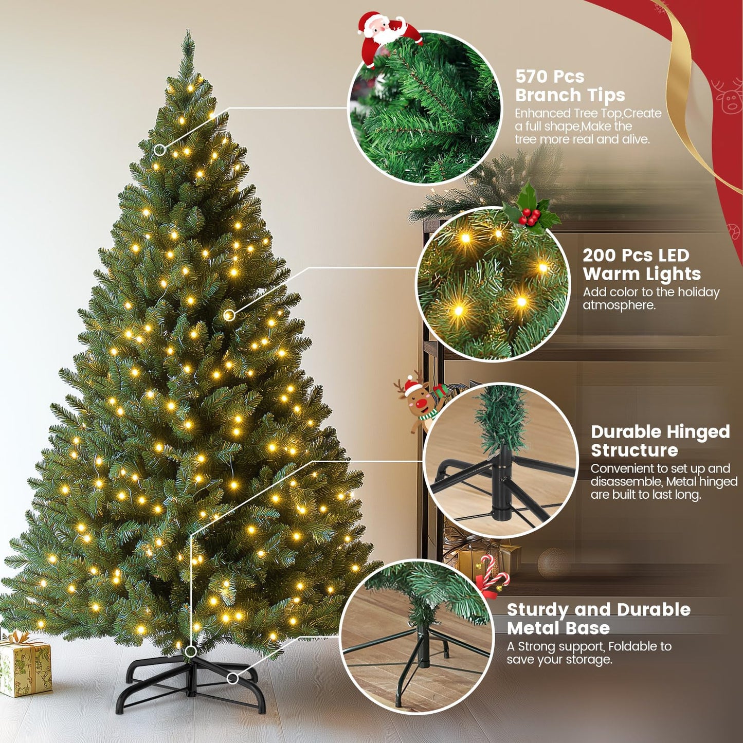 Artificial Christmas tree with LED lighting, 180cm artificial PVC pine tree with metal stand, premium Nordmann fir, flame-retardant automatic Christmas tree, lifelike artificial pine tree