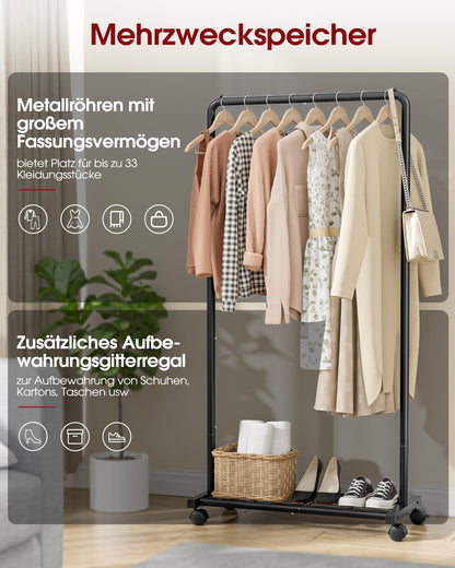Sakugi clothes rack - rolling clothes rack, garment rack with storage shelf, sturdy metal coat stand for dresses, clothes, sweaters, coats, Clothes Rack (Black, Medium)