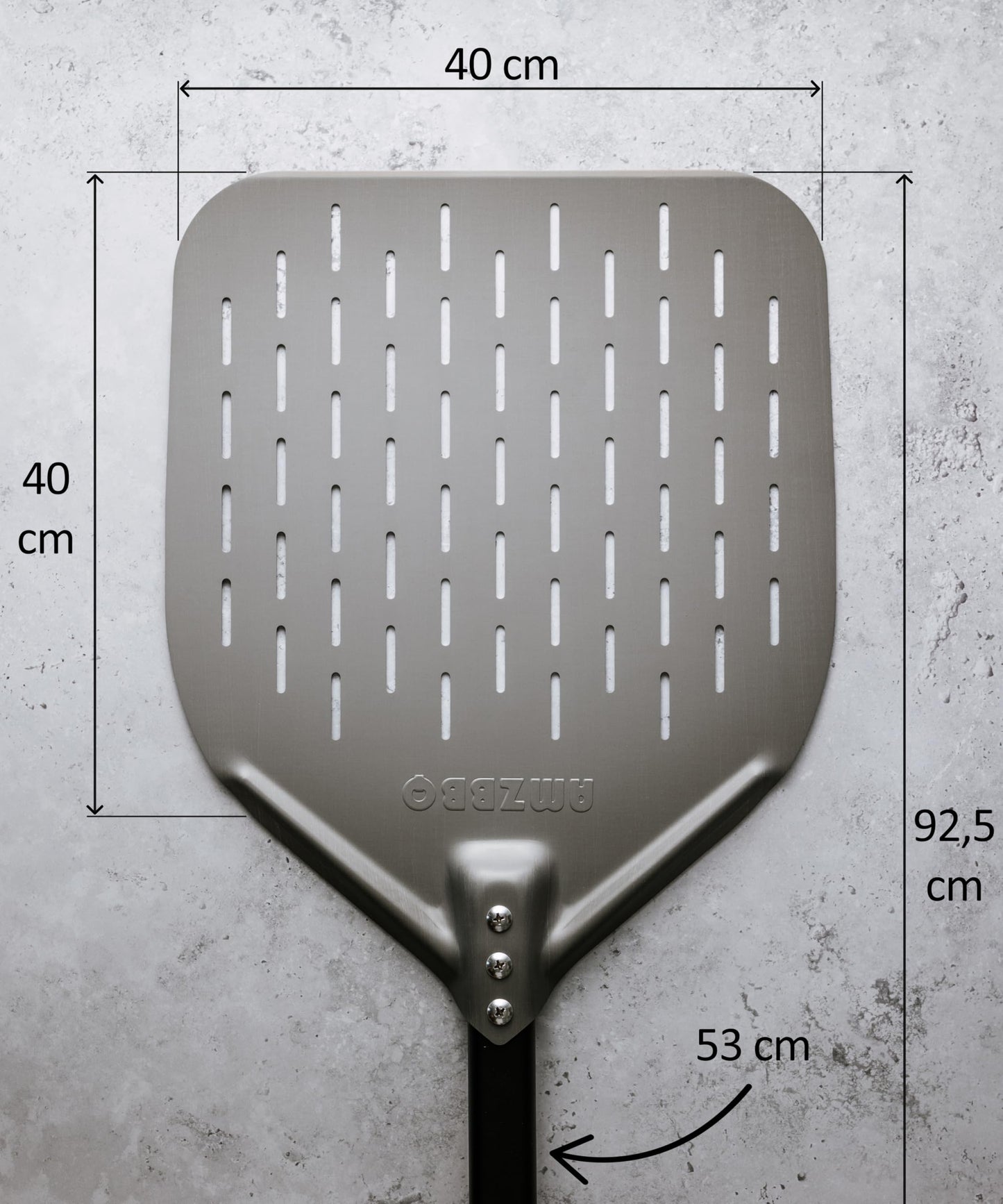 AMZBBQ® Premium Pizza Peel - [LONG HANDLE] - Perforated pizza paddle made of hard-anodized aluminum - Helps slide the pizza dough easily - Grill accessory gift [Width: 40 cm/Length: 92.5 cm]