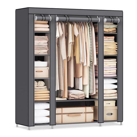 SONGMICS wardrobe, fabric closet with 12 shelves and clothes rail, sturdy cabinet for bedroom, dressing room, 150 x 45 x 175 cm, grey LSF03G