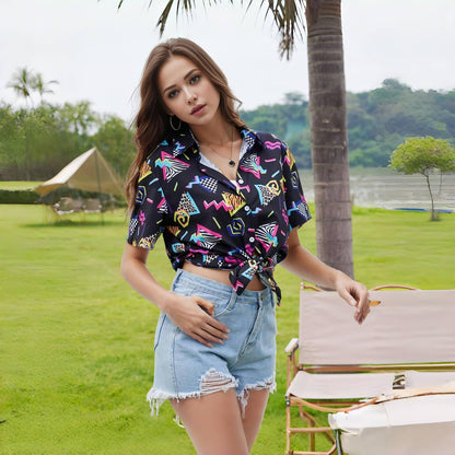 Hippie tops women Hawaii outfit blouse costume set Flower Power 80s shirt women 90s vintage shirt 70s clothing casual retro tops carnival costume (80s-Black, XL)