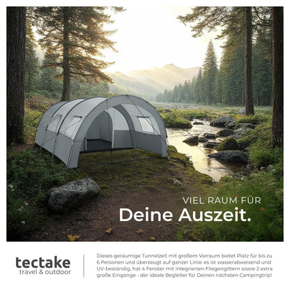 TECTAKE® tunnel tent, 6 people, family tent, large tent with awning and floor mat, UV protection, camping tent including carrying bag, 350 x 480 x 195 cm - dark gray/light gray.