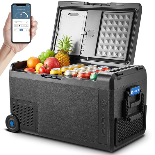 AAOBOSI compressor cooler 38L, car cooler -20°C to 20°C, robust cooler 12V 230V for cars, trucks, boats, RVs, camping, and fishing.