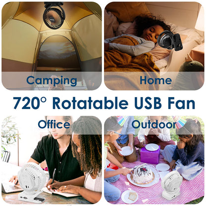 Simpeak 8000mAh Camping Fan Desk Fan, Mini USB Fan Quiet, Clip Fan with Remote Control and LED Light [3 Speed] [720° Rotation] - Black