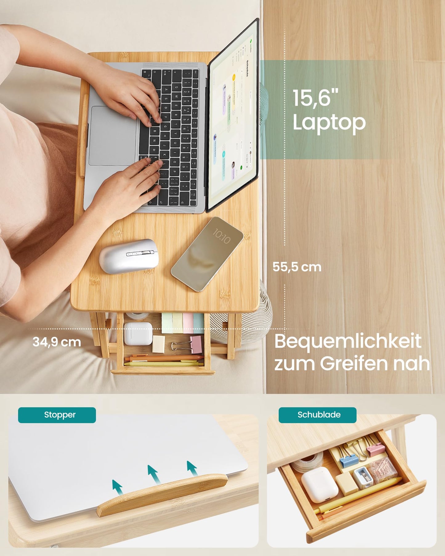 SONGMICS Laptop Desk, Laptop Stand, Breakfast Tray, Foldable Legs, for Bed and Sofa, Adjustable Height, for up to 15.6 inch Laptops, (61-68.3) x 34.9 x (22.5-32) cm, Natural Color LLD01N