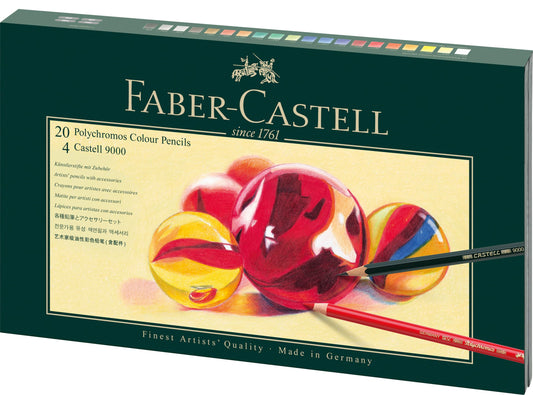 Faber-Castell 210051 Polychromos Colored Pencils, 20-piece set in an elegant gift box. Vibrant colors with thick 3.8mm leads. Includes 2 9000 pencils, eraser, and sharpener.