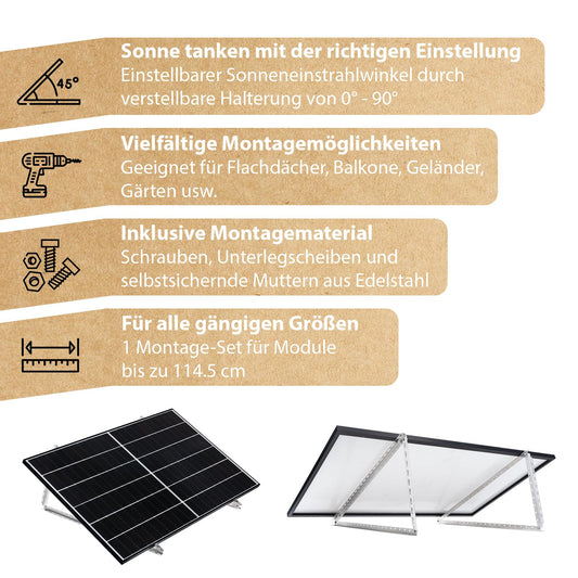 2 x Solar Panel Mounting Bracket - 0% VAT│Bracket for solar panels up to 114.5 cm│Sturdy solar panel mounting│Adjustable tilt angle 0° - 90°│Flat roof, balcony, wall, etc.