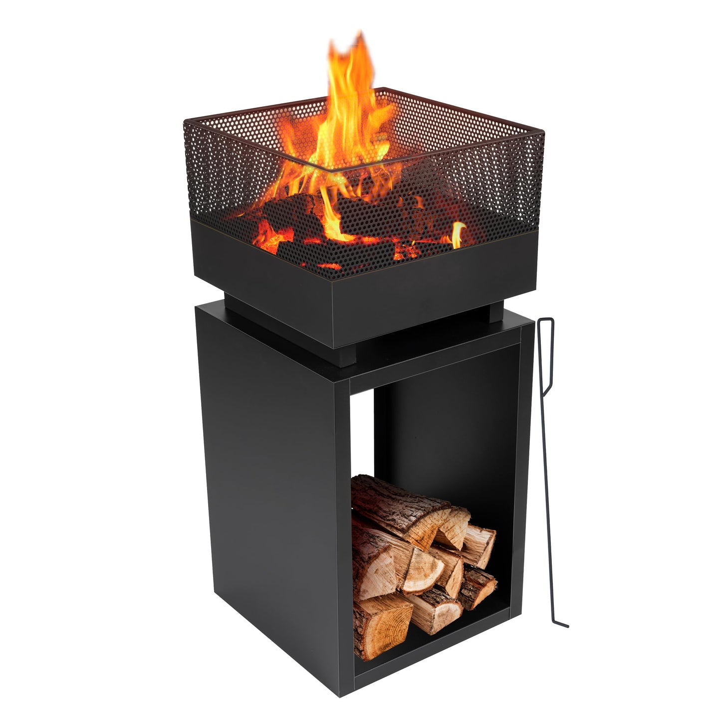 BBQ Collection Fire Pit with Spark Guard - Fire Basket 39 x 39 x 85 cm - Garden Chiminea for Firewood - Patio Heater with Poker and Firewood Storage - Patio Decor - Carbon Steel