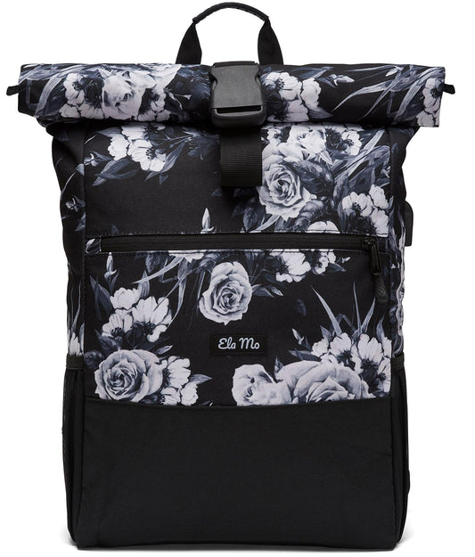 Ela Mo Women's Backpack - Rolltop design with laptop compartment - Anti-theft bag for school, college, business (Nightrose)