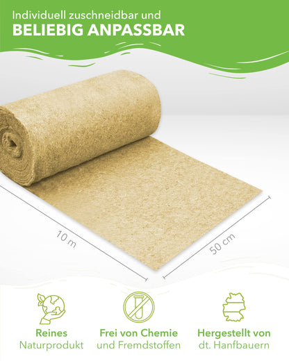 Roll of 100% hemp carpet with a length of 10m, width of 50cm, and thickness of 5mm. Suitable for all types of small animals, this hemp mat is perfect for your pets.