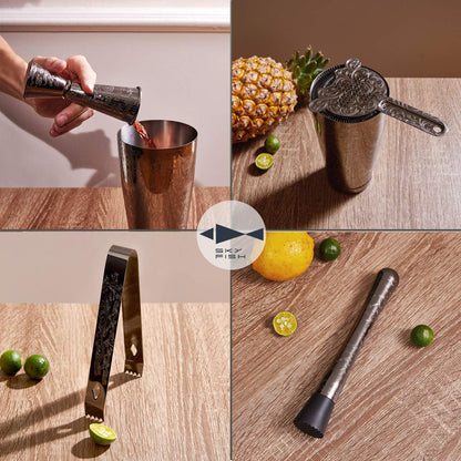 Sky Fish Cocktail Shaker Set, Etched Cocktail Shaker Kit in Gift Box 7 Piece Set, Hand wash only. (Black)