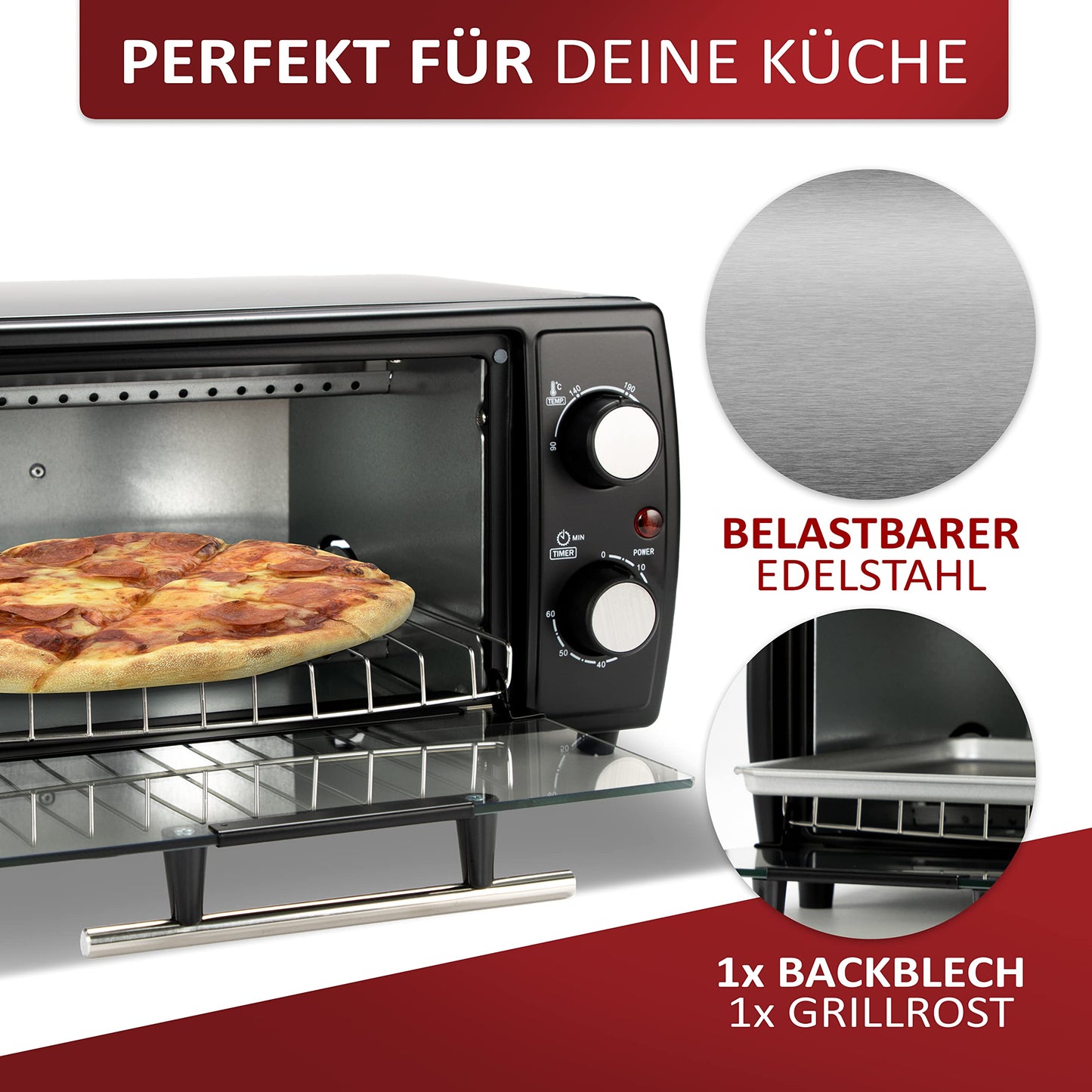 Ecosa Mini Oven | 1000 Watts | 10 liters | includes baking tray and grill rack | Pizza oven | 90°-230°C | 60 min. timer | fold-down crumb tray | mini oven | small oven