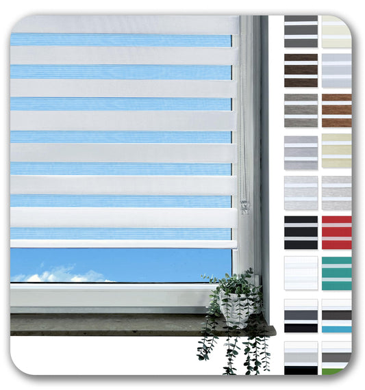 Rollmayer clamp-fix double roller blind without drilling, clamp roller window blind duo roller sun protection blind zebra blind side pull blind for window and door (White - 50 x 150 cm - WxH)