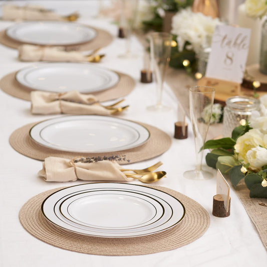 MATANA 120 Premium White Plastic Plates with Gold Rim, 2 Sizes - Unbreakable & Reusable Plastic Plates, Party Plates for Weddings, Birthdays, Parties - Elegant & Sturdy Party Tableware