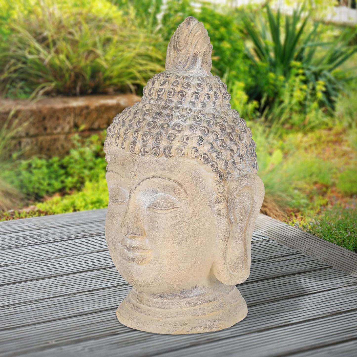 ECD Germany Buddha Figure 78 cm Beige/Grey, artificial stone polyresin, head statue sculpture decorative figure Feng Shui artificial stone decoration garden figure Asia decorative object stone figure, for home and garden