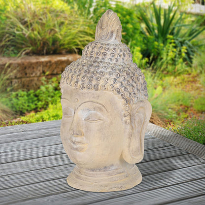 ECD Germany Buddha Figure 78 cm Beige/Grey, artificial stone polyresin, head statue sculpture decorative figure Feng Shui artificial stone decoration garden figure Asia decorative object stone figure, for home and garden