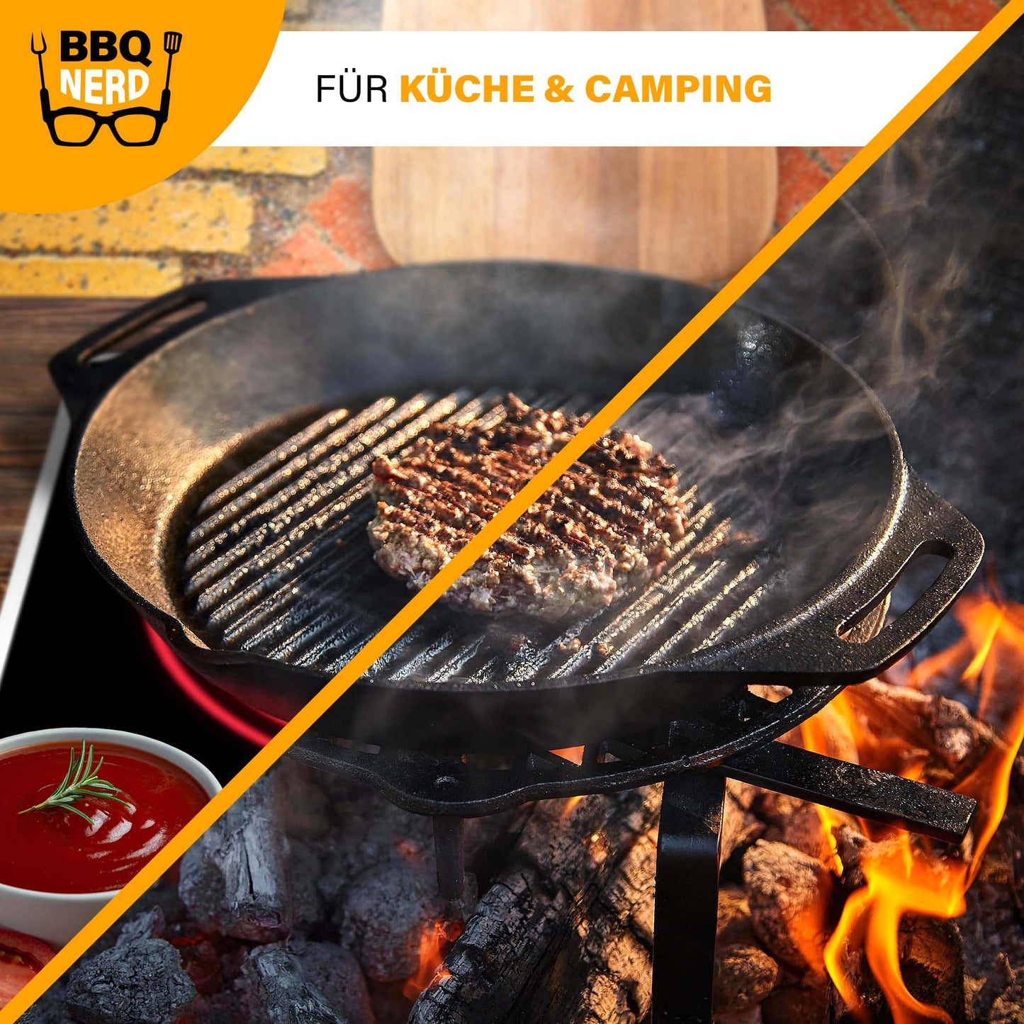 BBQ Nerd Cast Iron Grill Pan - with ridged bottom for beautiful grill marks - Steak Pan Ø 35 cm 4550g with spout and handle - Non-stick pan Skillet Outdoor Pan