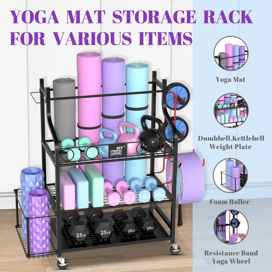 Mythinglogic Yoga Mat Rack, Yoga Mat Organizer for dumbbells, foam roller, kettlebell, and yoga block, home and gym storage shelf sports equipment display rack.