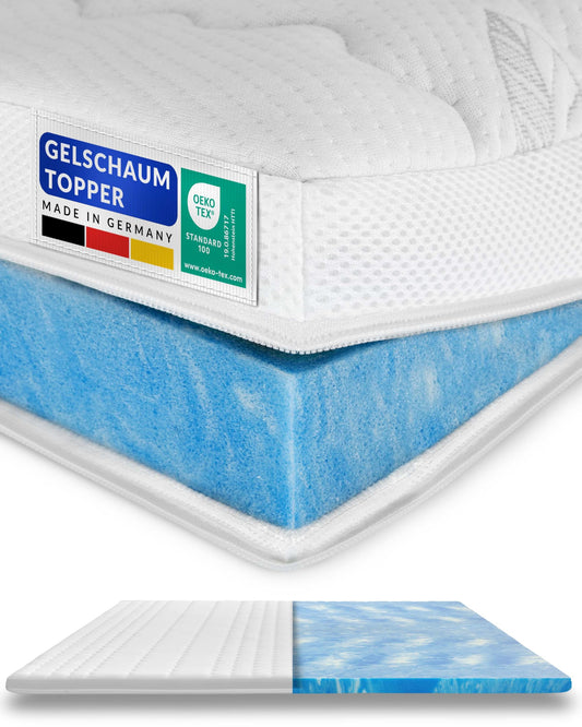 AM Quality Mattress Gel Topper 180x220cm soft - Made in Germany - Gel foam topper 180x220 with Lyocell cover & anti-slip function - Adaptive memory foam mattress topper 180x220