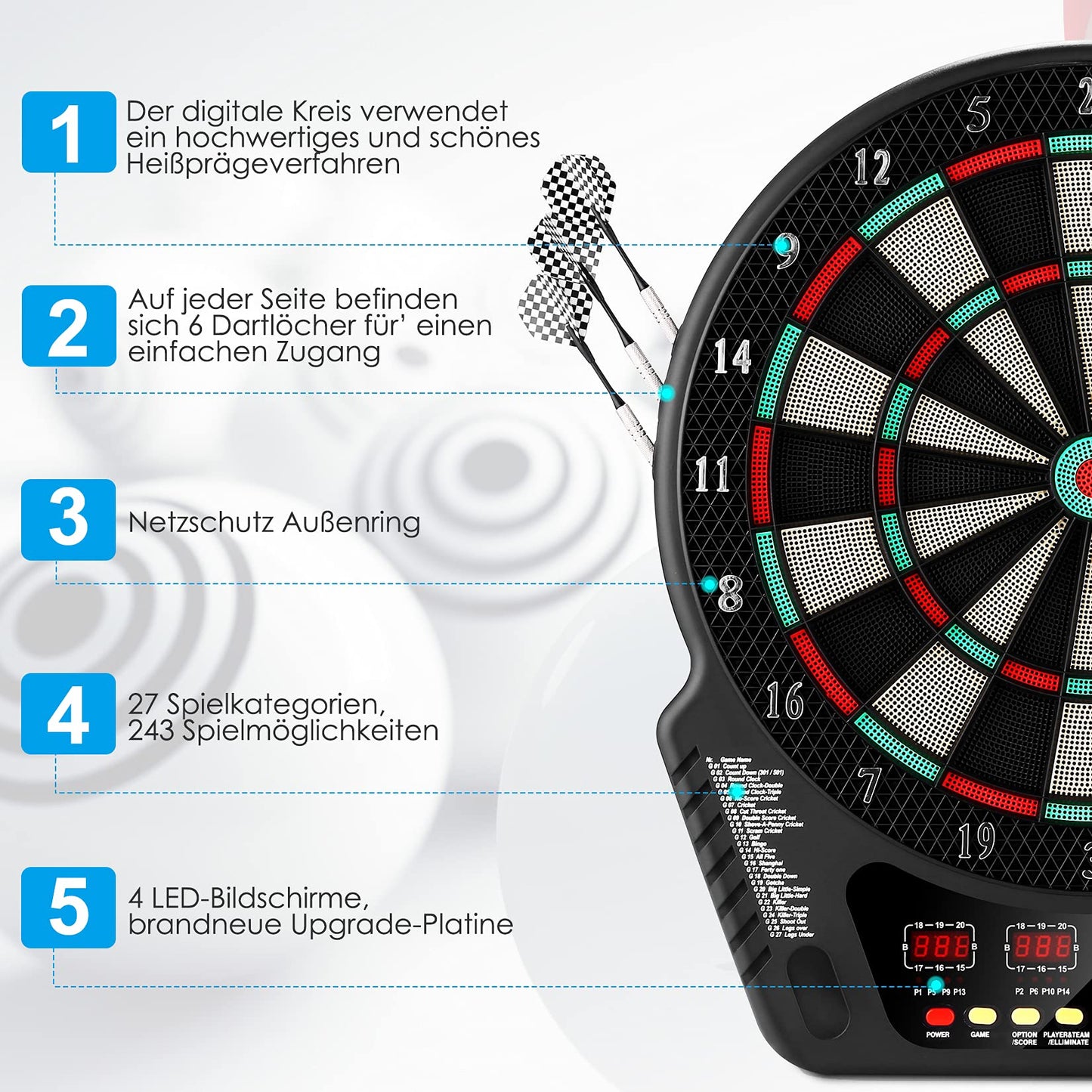 Electronic dartboard, E-Dart board with 4 LCD displays and charging adapter. Suitable for 6 darts and 24 dart heads. 27 games with 243 game options. Professional electronic dart game.