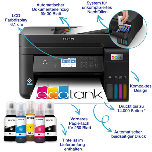 Epson EcoTank ET-3850 A4 multifunction Wi-Fi ink tank printer, with included ink supply lasting up to 3 years.