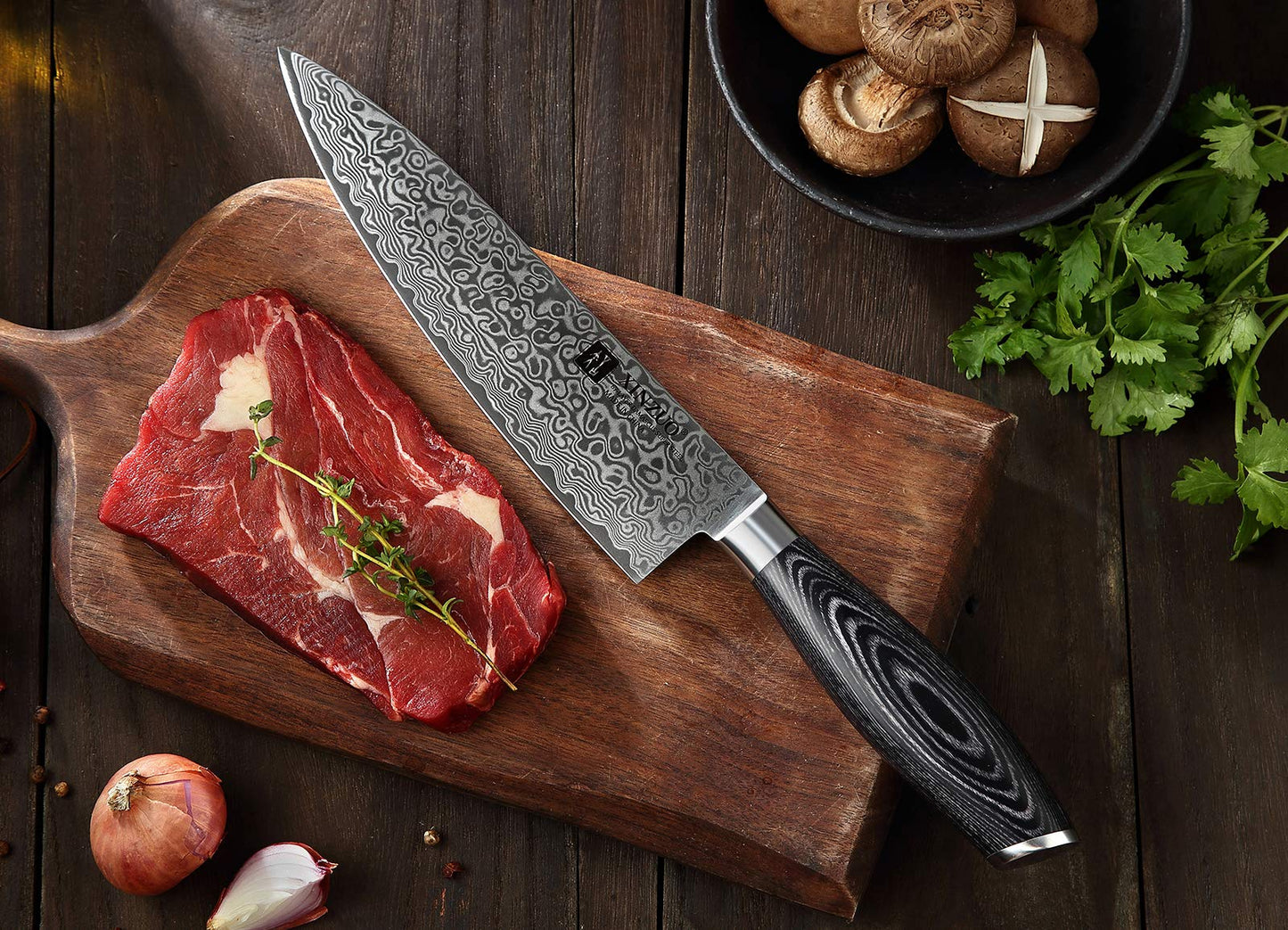 XINZUO 5 Piece Kitchen Knife Set 67 Layers Damascus Steel Chef Knife Set, Professional Forged Damascus Knife Set Sharp Blade Cooking Knife Set - Chef Santoku Slicing Utility Fruit Knife - PakkaWood Handle