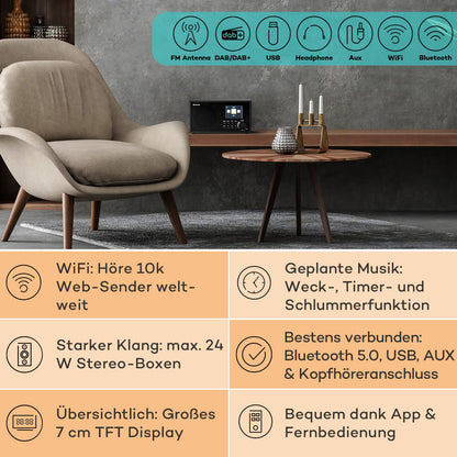 Auna Silver Star Radio, rechargeable DAB radio with Bluetooth, battery-operated DAB/DAB+/FM radio, kitchen radio with HCC display, alarm clock, radio with power adapter, mini radio small.