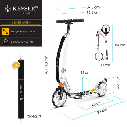 KESSER® City Roller Scooter 205mm wheels PU Big Wheel - Pro-S kick scooter with double suspension, foldable and adjustable height city roller scooter, kickscooter for adults and kids, White
