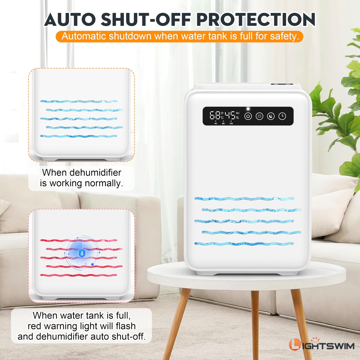 Updated dehumidifier (remote control) for bedroom, 2.8L water tank, 75m², quiet, small dehumidifier for basement, home, bathroom with auto shutdown, LED light in 7 colors.