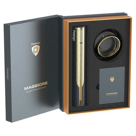 Prestigio Maggiore Electric Corkscrew - Premium wine bottle opener with charging station - Integrated foil cutter - Packed in high-quality gift box - Black/Gold