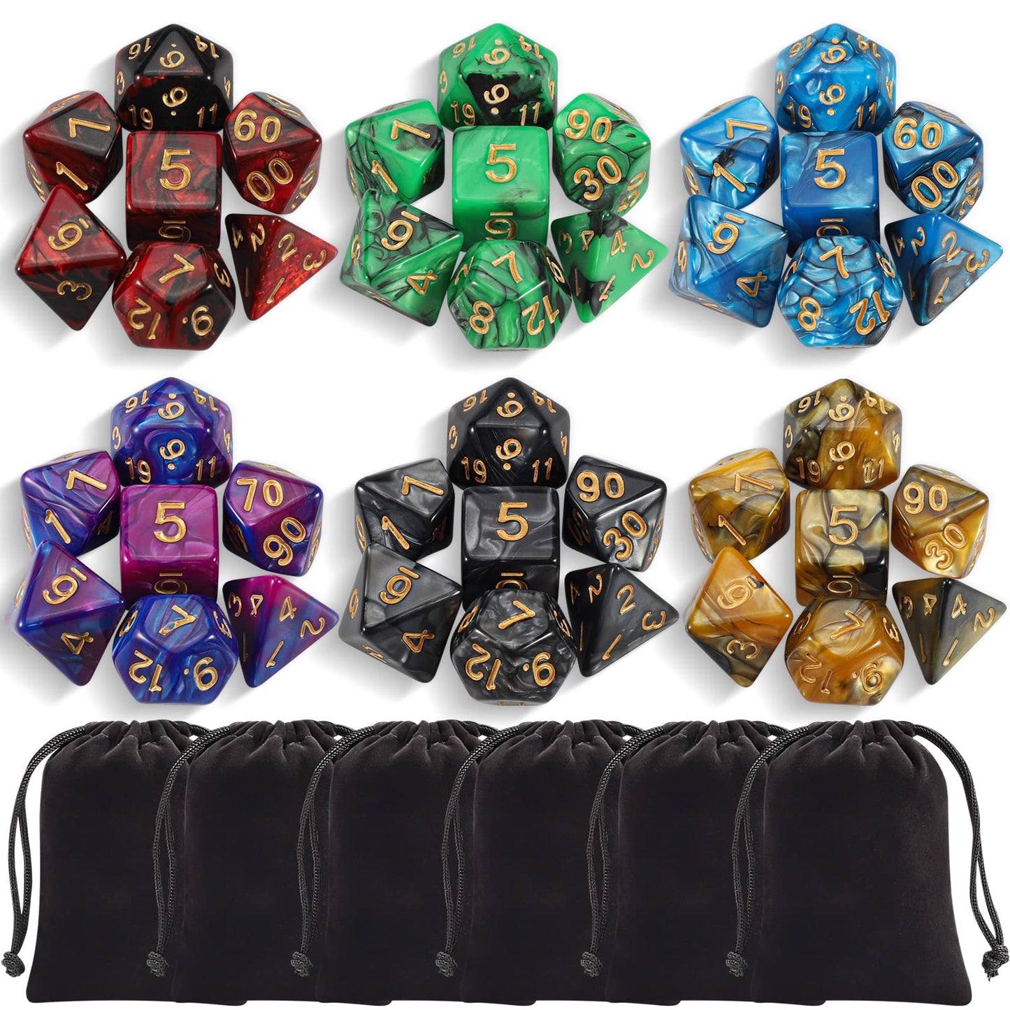 iFergoo Polyhedral Dice Set, 6 x 7 (42 Pieces) Color Game Dice with 6 Black Drawstring Bags for Dungeons and Dragons DND RPG MTG Tabletop Games, 6 Sets of D4 D6 D8 D10 D% D12 D20