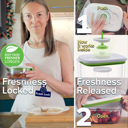 FOSA BARCELONA 3-piece Starter Kit - keeps food fresh longer in vacuum - food storage containers with vacuum pump (TURTLE) + 3 x FOSA MADRID rectangular storage containers.