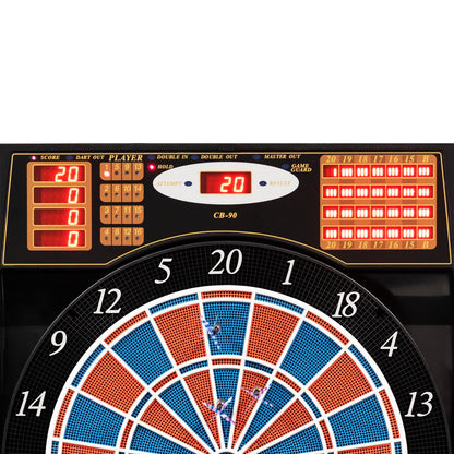 Dart machine Karella CB-90 in the cabinet, electronic dartboard with 38 games and 211 variations, exact tournament dimensions in 2-hole design, includes 12 soft darts.