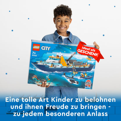 LEGO City Arctic Research Vessel, large floating toy boat with helicopter, dinghy, ROV submarine, Viking shipwreck, 7 minifigures & orca figure, gift for kids aged 7 and up 60368