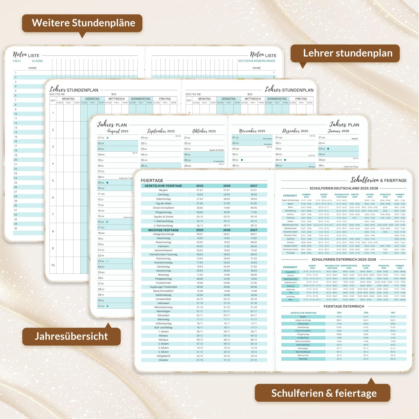 Teacher Planner 2025 2026 - A5+ Teacher Planner, Teacher Calendar 2025 2026 A5 for School Planner 2025 2026 from August 2025 to July 2026, Back Pocket, Hardcover - Beige