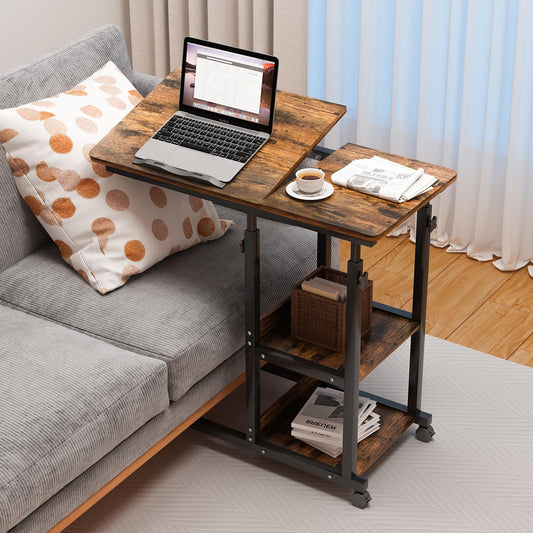 PIPIPOXER side table computer desk with socket and casters, height adjustable wooden desk with 80x40cm tabletop and 4 swivel 360° wheels for computer, laptop, bedroom.