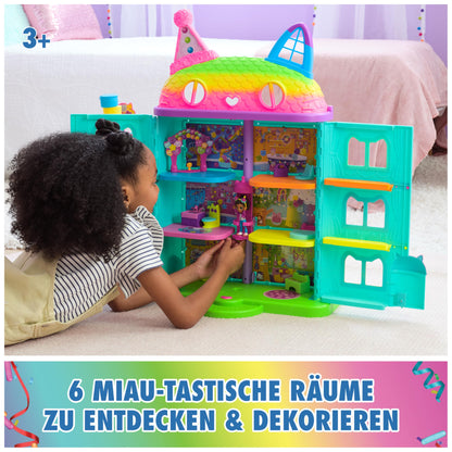 Gabby's Dollhouse, 15-piece Purrfect Party dollhouse play set in rainbow colors, over 60cm with Gabby figure, furniture, and sound effects, for ages 3+.