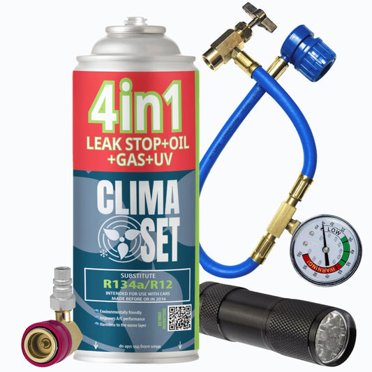 CLIMASET - refrigerant replacement gas R134a, refrigerant exchanger 4in1, coolant car air conditioning, refilling car air conditioning system - sealant, UV dye, refrigerant - with cable, adapter and UV lamp.