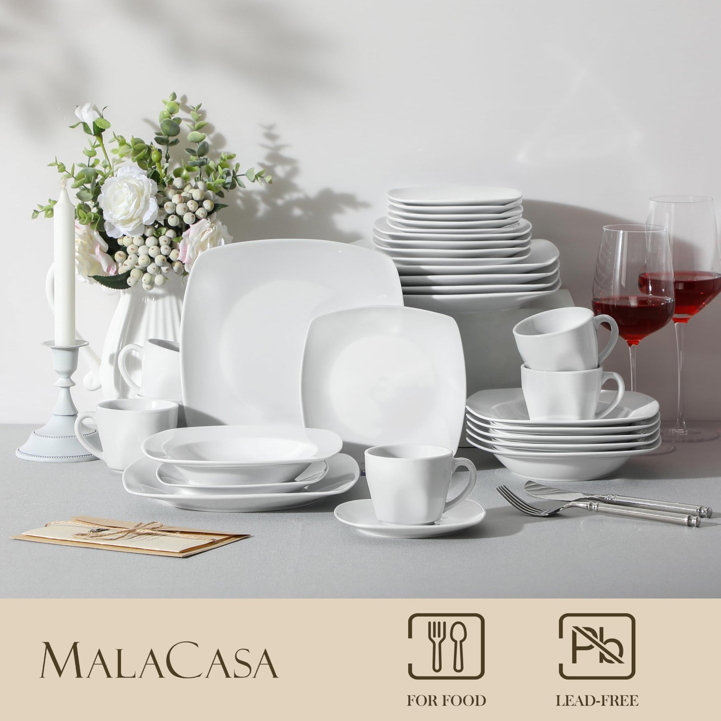 MALACASA, Julia series, tableware set for 12 people, 60 pieces porcelain dinnerware set. Includes dinner plates, dessert plates, soup plates, coffee cups, and saucers, 12 pieces each.