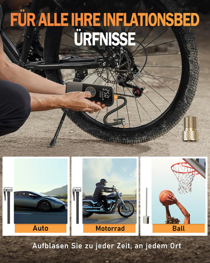 Electric air pump with battery, 150 PSI pump for bike, portable mini compressor with gauge & dual LED display, 12V DC electric tire pump for cars, motorcycles, bikes, and balls.