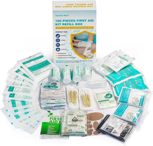 General Medi First Aid Kit - 160 Pieces First Aid Refill Set for home, car, travel, office, sports, hiking, camping, rescue