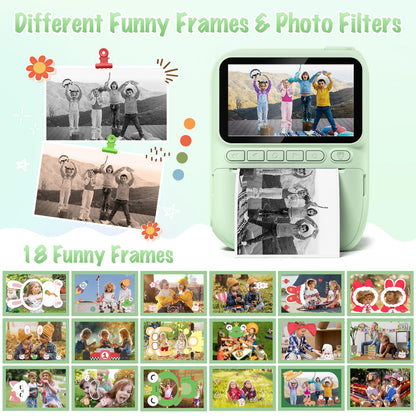 Gofunly instant camera for kids, 3.0 inch screen children's camera with 32GB card & printing paper, 14MP/1080P kids instant print camera, gift for 3-12 years old (Green)