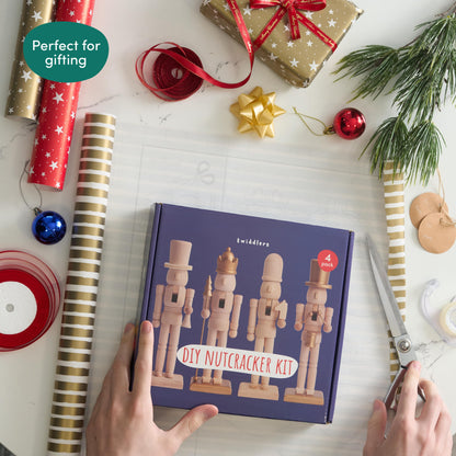 THE TWIDDLERS - 4 hand-painted wooden Nutcracker soldiers, 18cm - High-quality, handmade set, traditional pine wood ornaments, DIY Christmas decoration with movable parts.