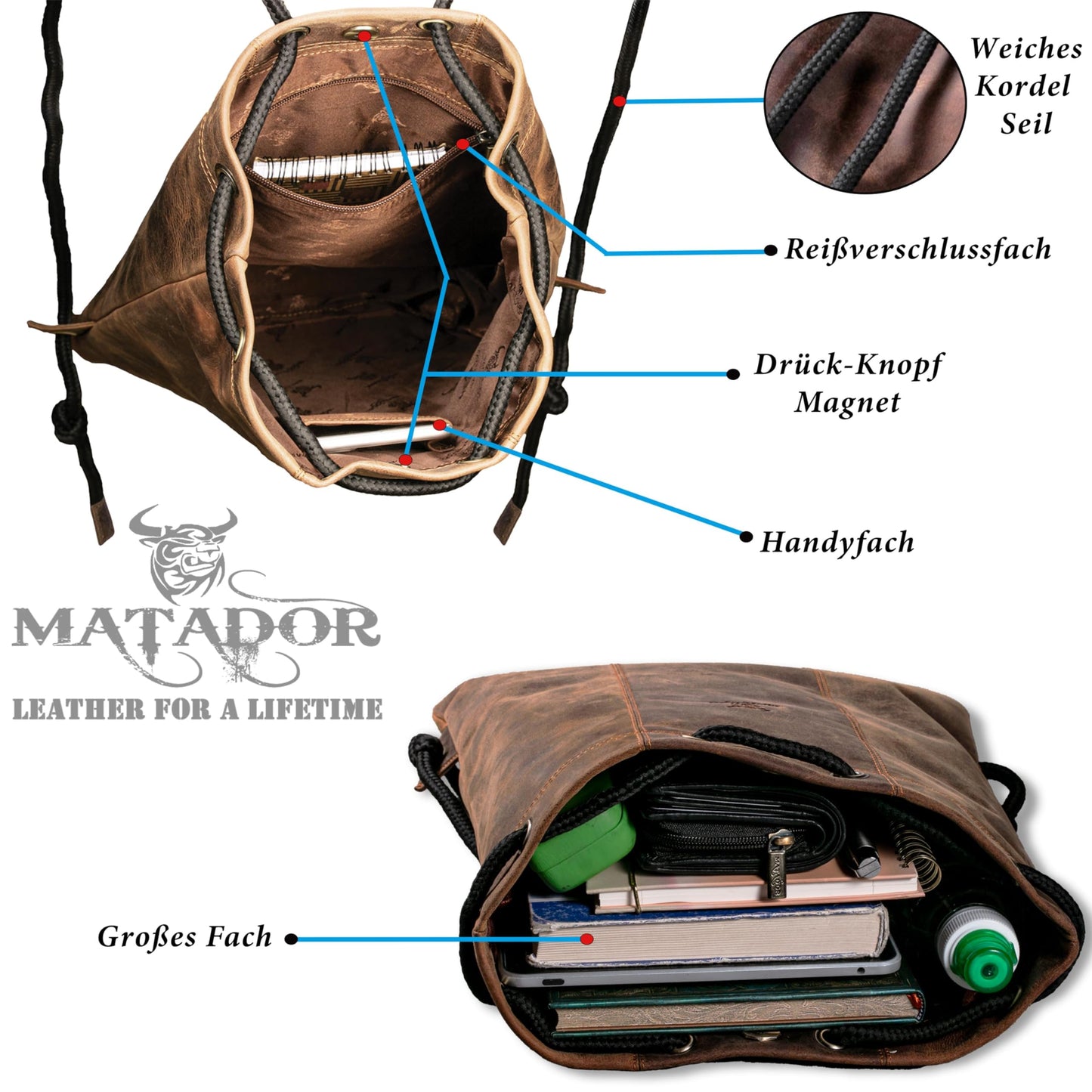 MATADOR sports bag backpack festival bag women's leather #SPARTA, elegant travel bag for men or gym bag for women, genuine leather drawstring backpack, small sports bag in brown Hunter.