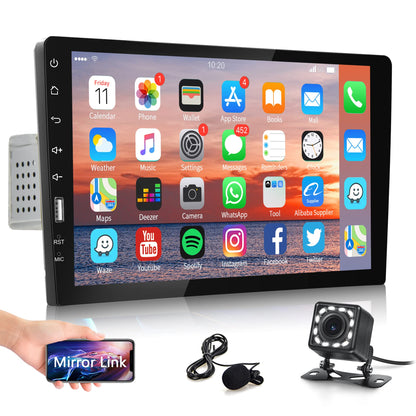Car stereo 1 Din with Bluetooth hands-free calling IOS/Android Mirror Link 9 inch touchscreen, with Bluetooth FM Radio USB/AUX/TF/EQ/7 Colors Light Steering wheel control + Rearview camera Microphone