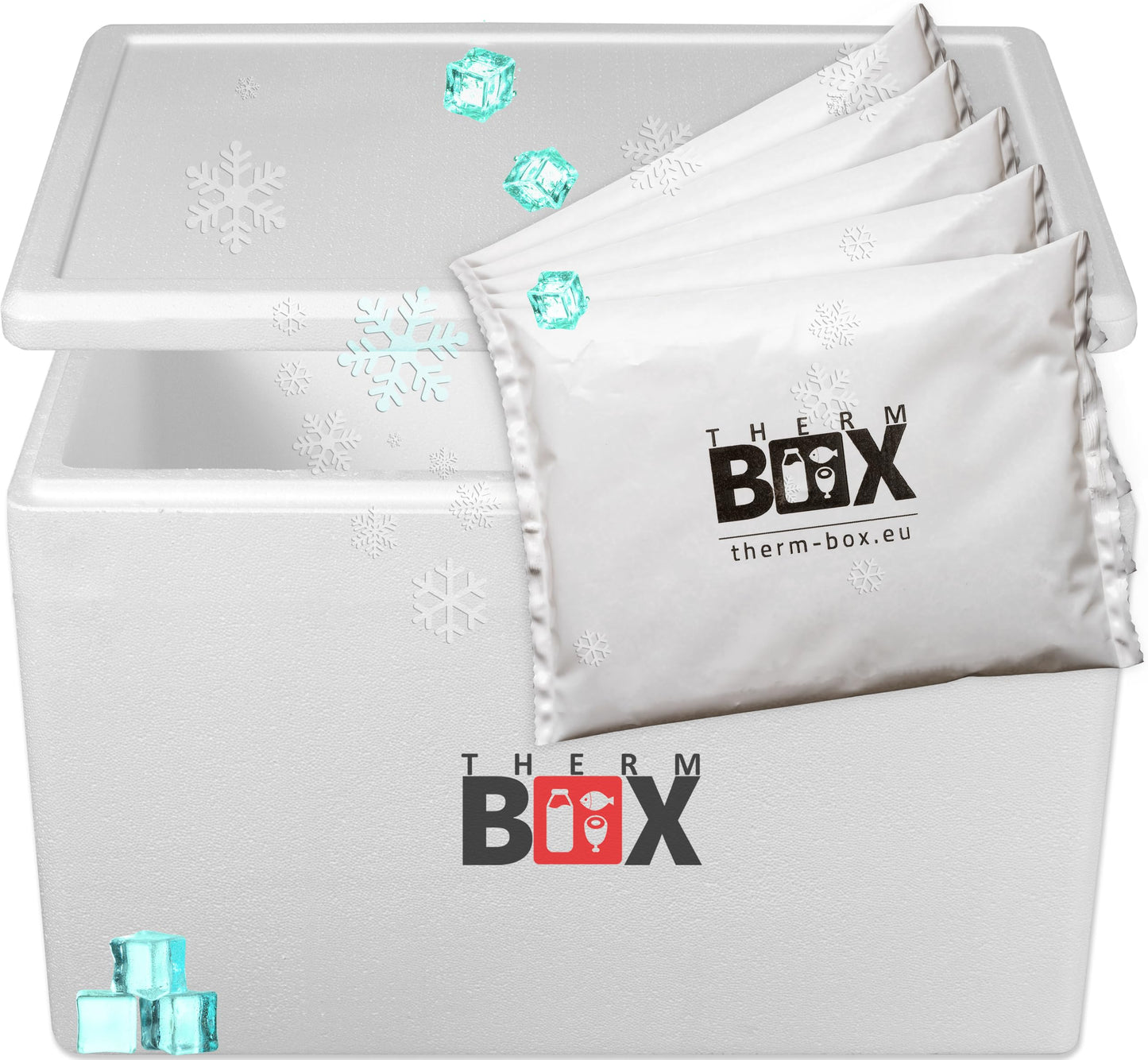 THERM-BOX Styrofoam box 61W with 5 cooling elements for cooler 61.5L Interior: 53x33x34cm Transport box Thermal container Reusable