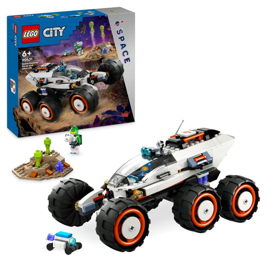 LEGO City Space Rover with Aliens, Car set with robot and alien toy figures, birthday gift for boys and girls ages 6+, includes 2 minifigures and planet backdrop 60431