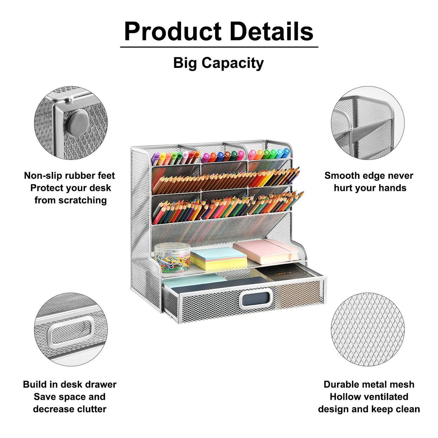 Marbrasse Mesh Desk Organizer, Multifunctional Pencil Holder, Desk Organizer, Storage Shelf for School and Home Office Supplies (Silver with Drawer)