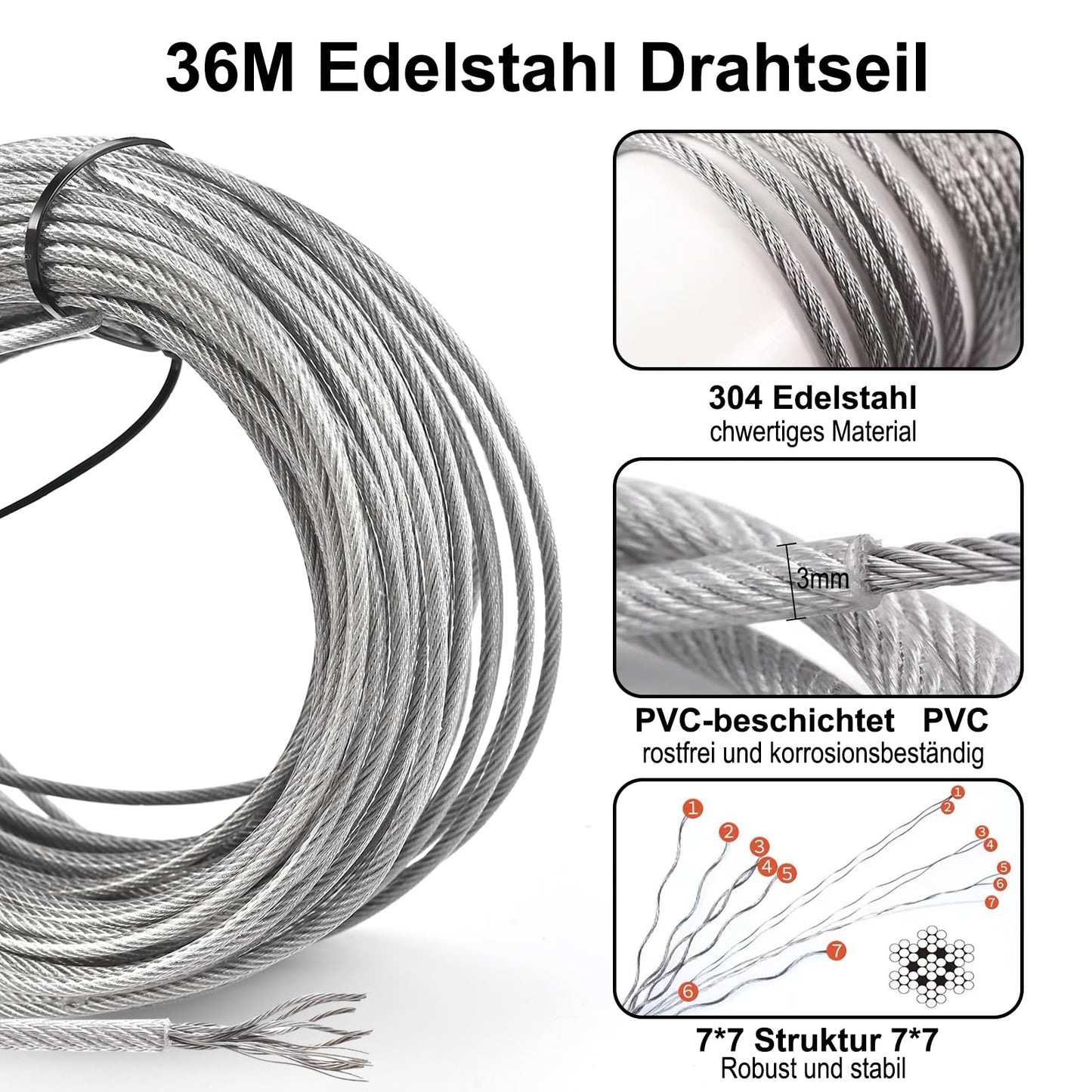 Philtool 73Pcs Wire Rope Kit, 36M Stainless Steel Wire Rope 3mm, 304 Steel Rope Encased with Eyelets Wire Rope Set for Fences, Outdoor Lights, Clothesline, Curtain Wire