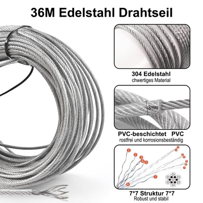 Philtool 73Pcs Wire Rope Kit, 36M Stainless Steel Wire Rope 3mm, 304 Steel Rope Encased with Eyelets Wire Rope Set for Fences, Outdoor Lights, Clothesline, Curtain Wire